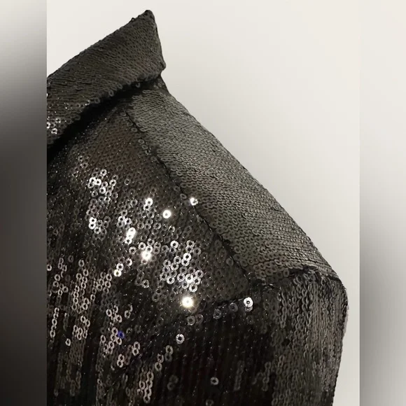 Carmen Marc‎ Valvo Womens Jacket open Black Sequin Lined Drape Collar L - Picture 4 of 11